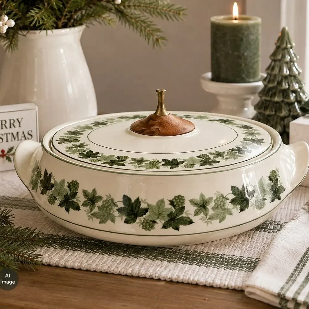 🌱🍽️💚Retro Green White Grapevine Casserole Dish 60s Taylor Smith Greenbriar